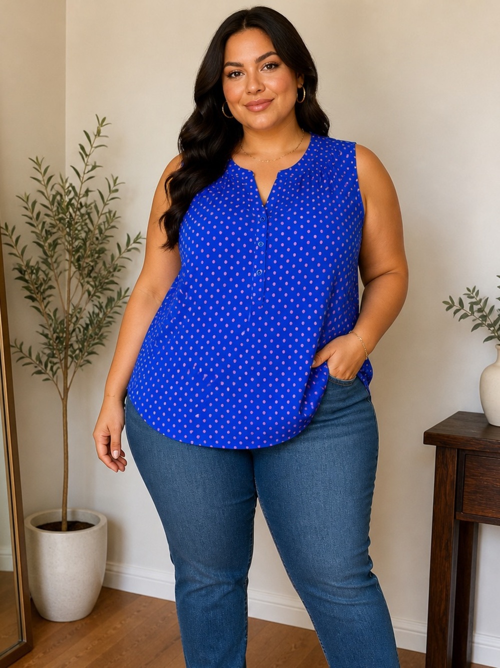 Ryan Wythe Blue Pink Polka Dot Sleeveless Blouse Plus Size 5X  Business Casual